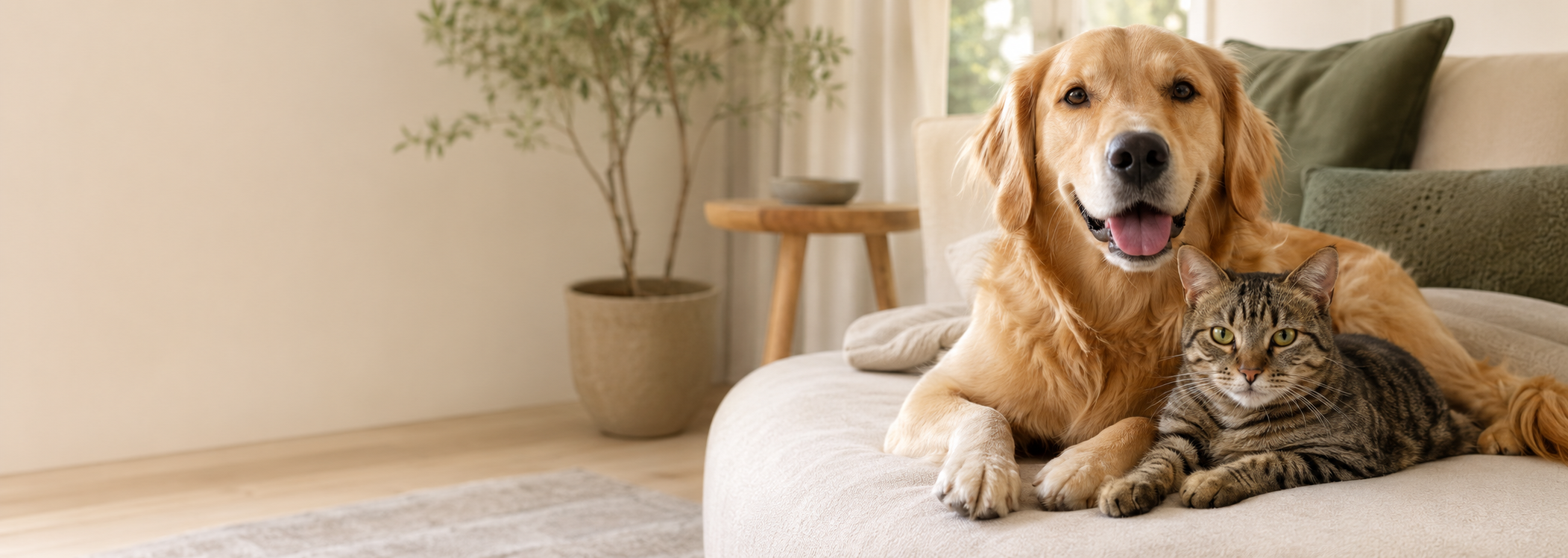 Golden retriever and tabby cat relaxing together in a warm modern home